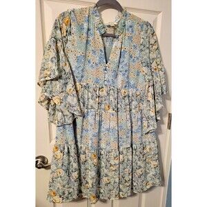 Umgee Women's Blue Green White Floral Babydoll V-Neck Bell Sleeve Dress S